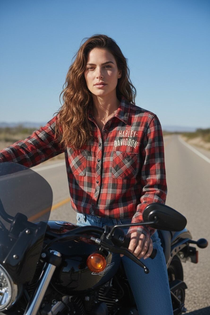 Harley Davidson motorcycle womens red plaid flannel snap button shirt sz large